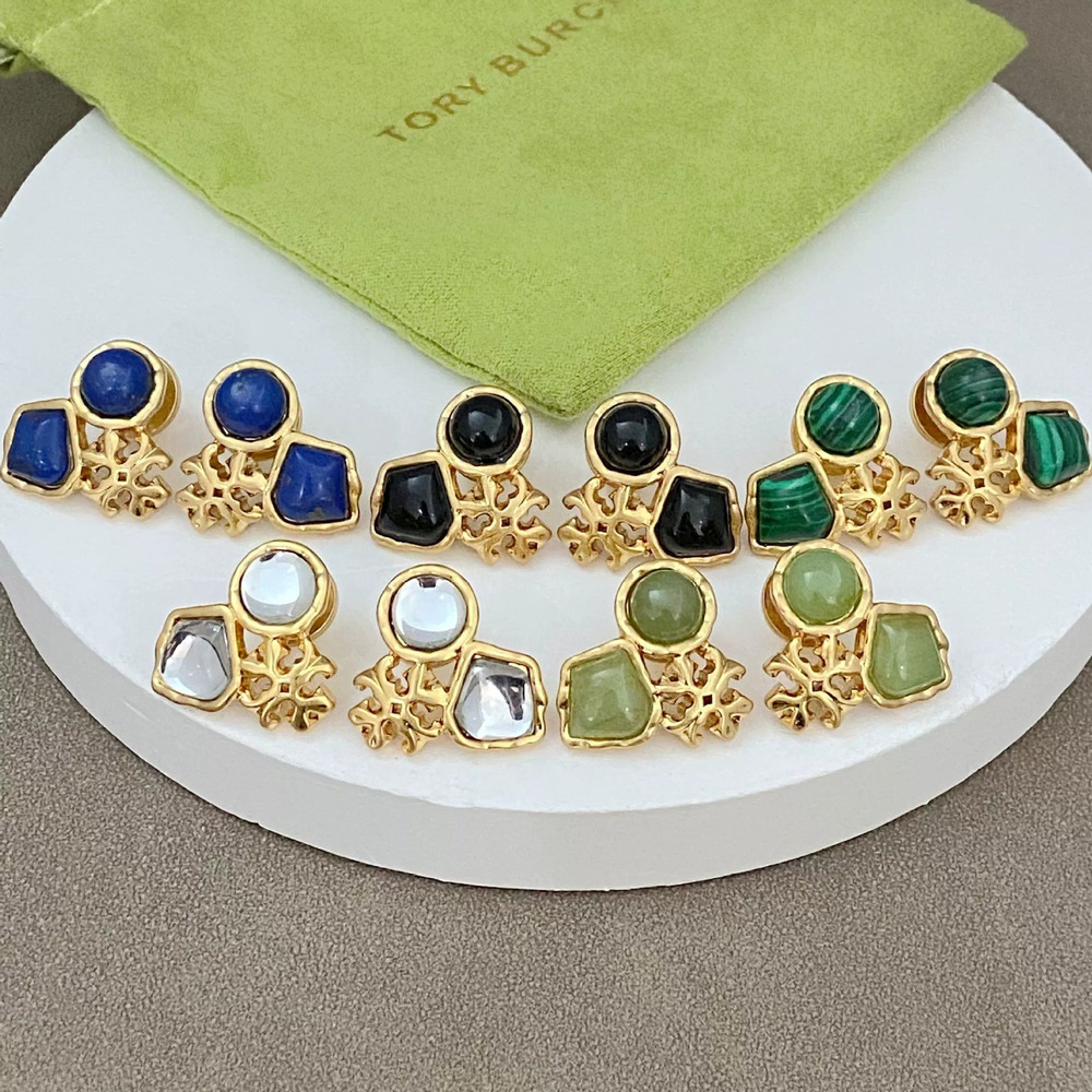 Tory Burch Geometric Letter Inlay Acrylic Gold Plated Metal Earrings
